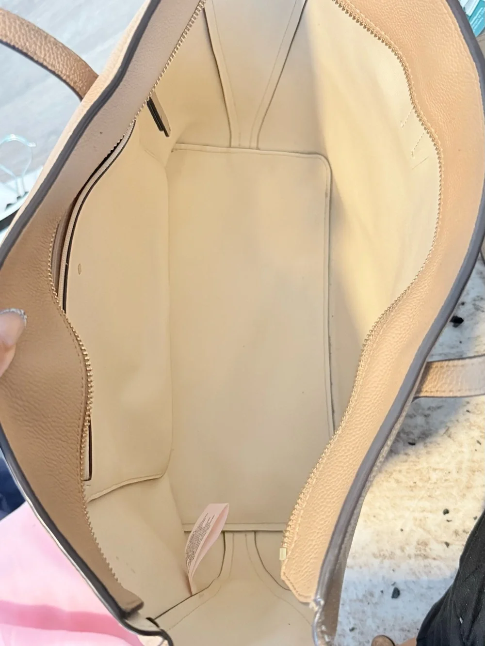 kate spade tan leather tote with pink dust bag and floral card